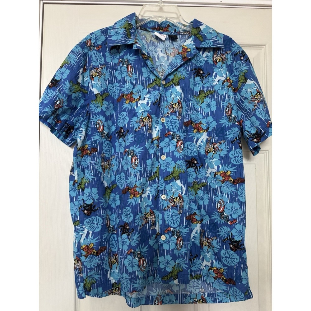 Marvel Avengers Hawaiian Shirt Size L Blue Ironman Black-Widow Captain Thor Hulk